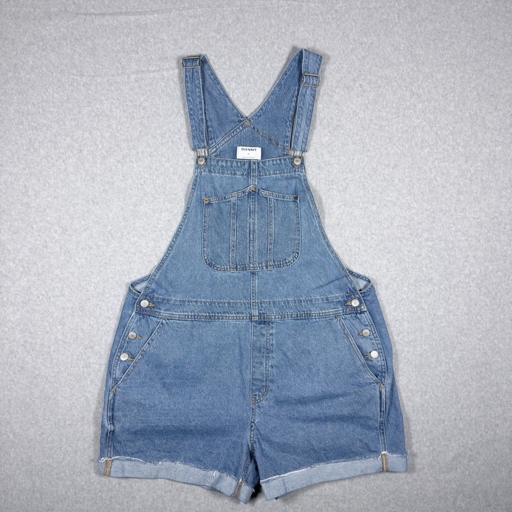 Old Navy Womens XL Denim Shortalls Medium Wash Cuffed Raw Hem Overalls